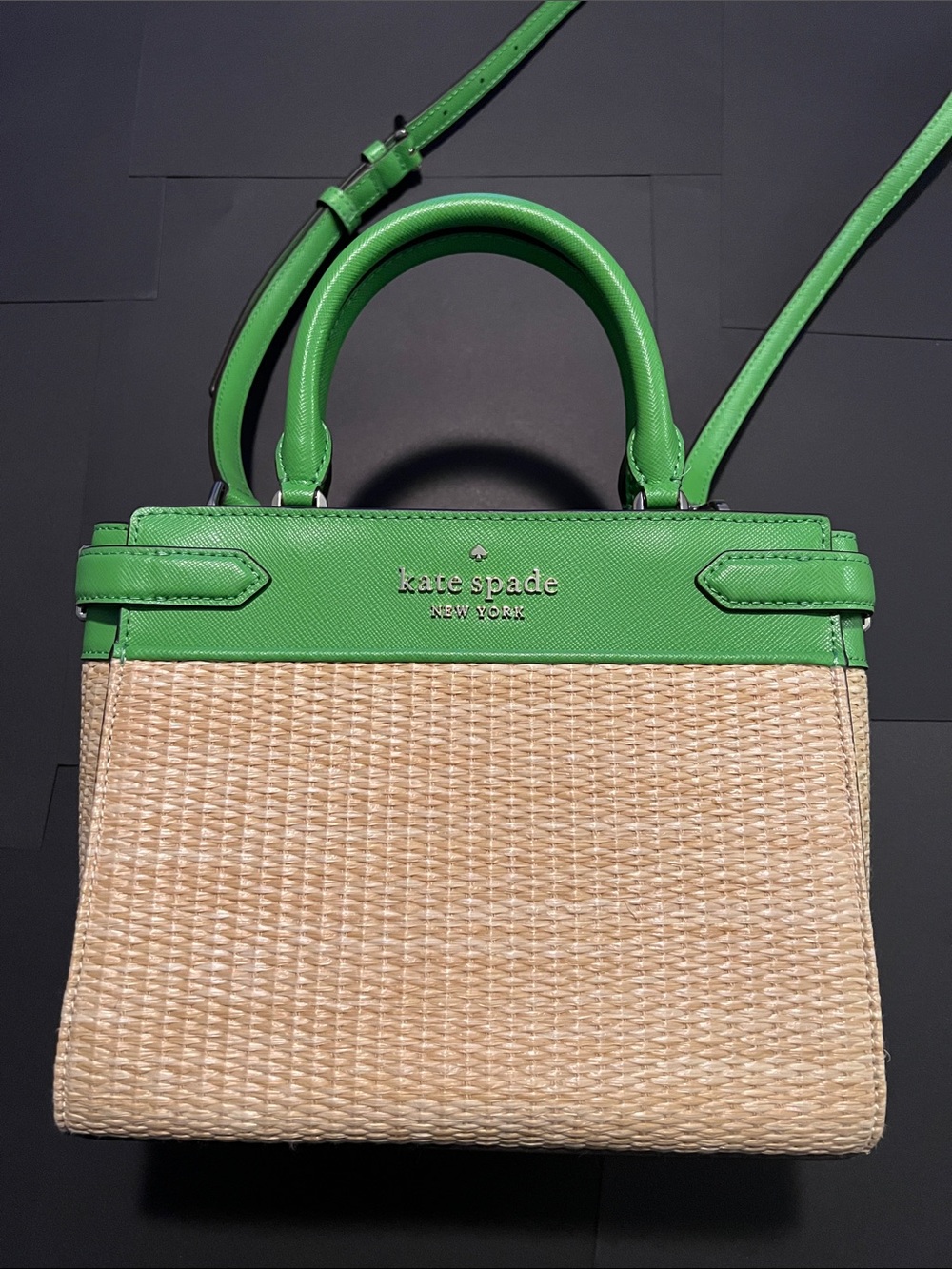 kate spade Staci Straw Satchel Purse Turaco Green